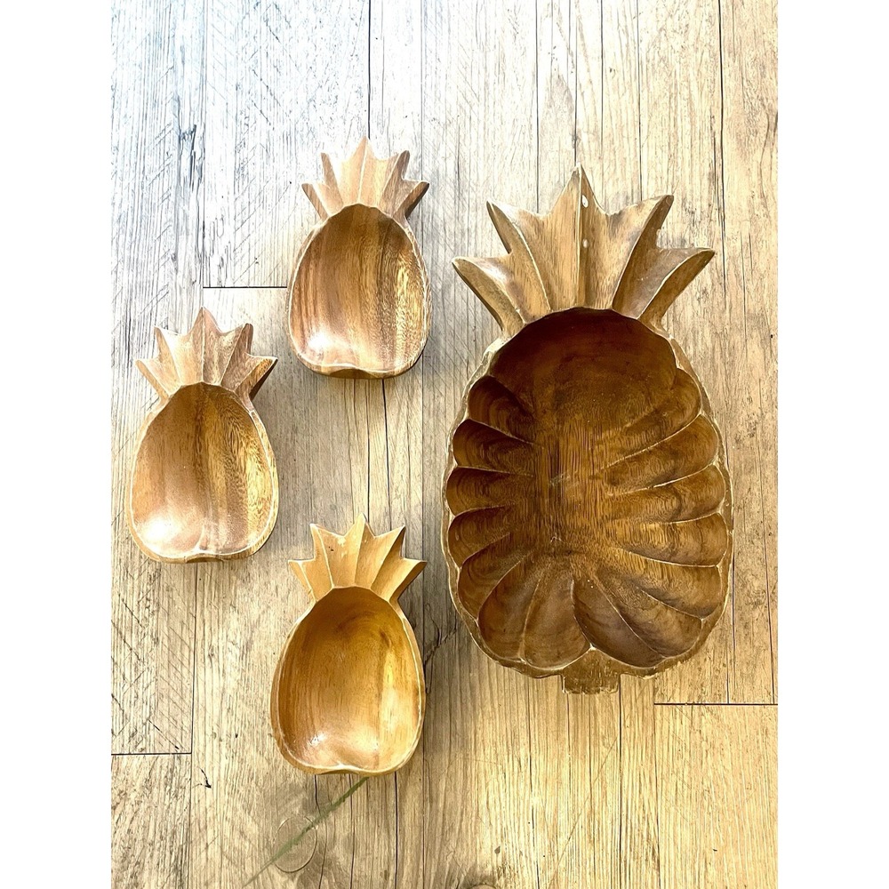 Vintage Carved Wood‎ Pineapple Bowl Candy Dishes Nut Decorative Bowl Set